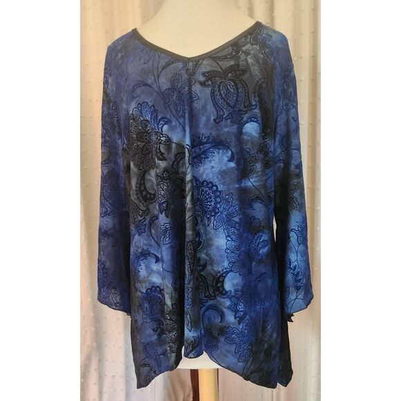 F94 Sere Nade NY Woman blouse, blue with black velvety pattern, NWT - Picture 1 of 8